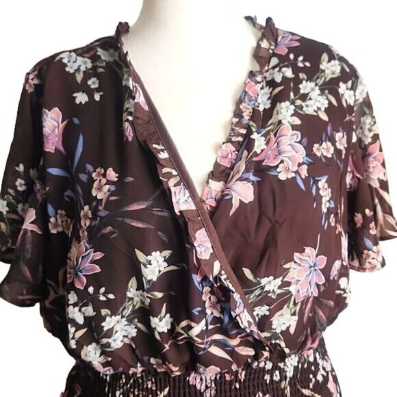 Lane Bryant Brown Floral Sleeve Flutter Bohemian Chiffon Maxi Dress Size 22/24W - Picture 5 of 13